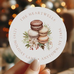 Watercolor Macarons Christmas Return Address Classic Round Sticker<br><div class="desc">This holiday return address sticker features watercolor stack of macarons in neutral shades of beige and brown,  surrounded by winter greenery. Add your family's name around the top edge in beige serif font and your address below.</div>