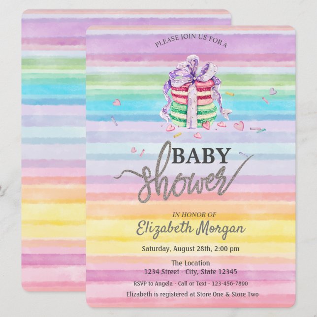 Watercolor Macarons Colorful Stripes Baby Shower Invitation (Front/Back)