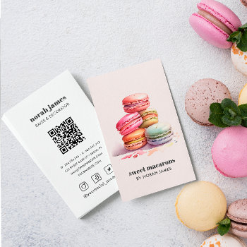 Watercolor Macarons Sweet Cake Social Icon Qr Code Business Card by Citronellapaper at Zazzle