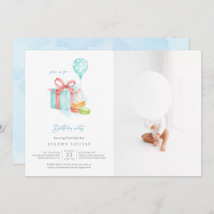 Watercolor Macaroons Baby Boy Birthday Party Photo Invitation