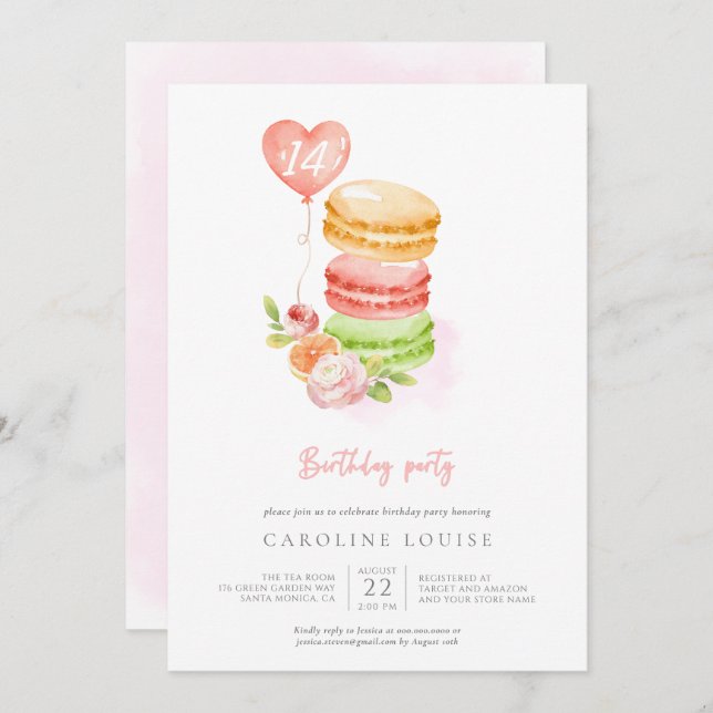 Watercolor Macaroons Birthday Party Invitation (Front/Back)