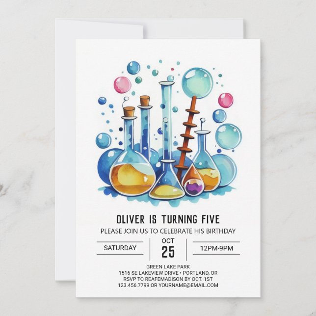 Watercolor Mad Scientist Experiment Birthday Invitation (Front)