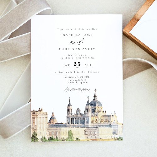 Watercolor Madrid Spain Buildings Skyline Wedding Invitation