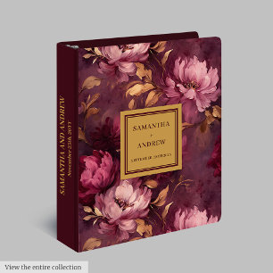 Watercolor magenta burgundy gold flowers wedding 3 ring binder