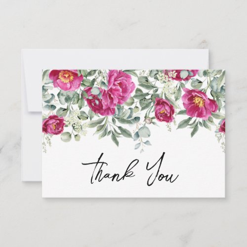 Watercolor Magenta Peonies Greenery Wedding Thank You Card