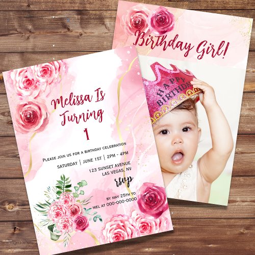 Watercolor Magenta Pink Rose First Birthday Photo Invitation