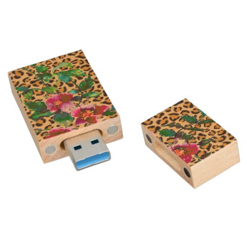 Watercolor magenta pink roses leopard pattern wood flash drive