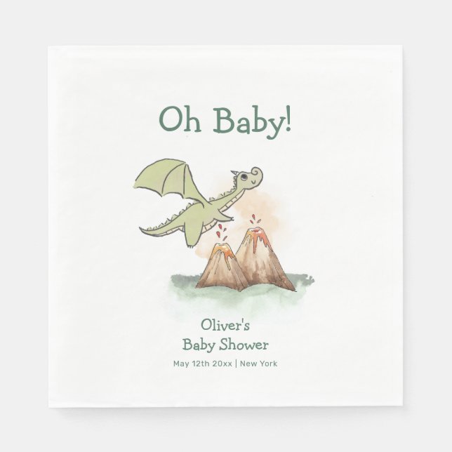 Watercolor Magic Dragon Mountain Boy Baby Shower Napkins (Front)