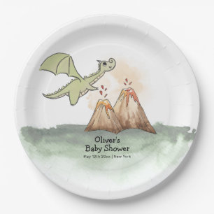 Watercolor Magic Dragon Mountain Boy Baby Shower Paper Plates