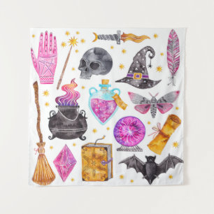 Watercolor magic icons. Hand drawn, doodle, sketch Tapestry