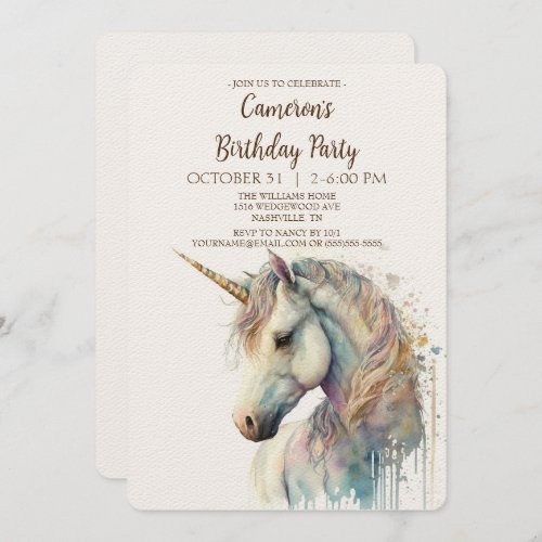 Watercolor Magic Unicorn Birthday Invitation