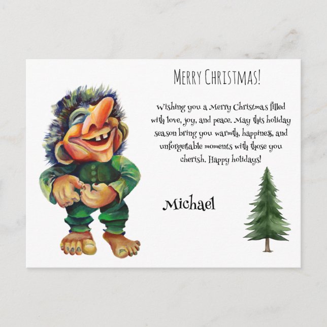 Watercolor Magical Funny Whimsical Troll Holiday Postcard (Front)