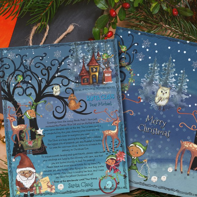 Watercolor Magical  Letter from Santa | Reindeer  (Custom Blue Fairy Tale Santa Letter  Reindeer )