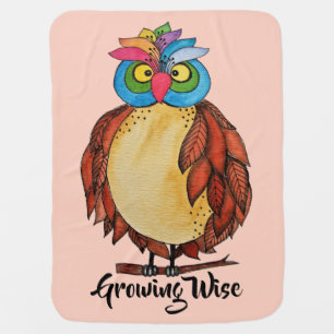 Watercolor Magical Owl With Rainbow Feathers Baby Blanket