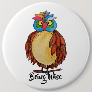 Watercolor Magical Owl With Rainbow Feathers Button