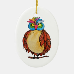 Watercolor Magical Owl With Rainbow Feathers Ceramic Ornament