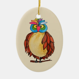 Watercolor Magical Owl With Rainbow Feathers Ceramic Ornament