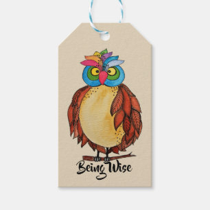 Watercolor Magical Owl With Rainbow Feathers Gift Tags
