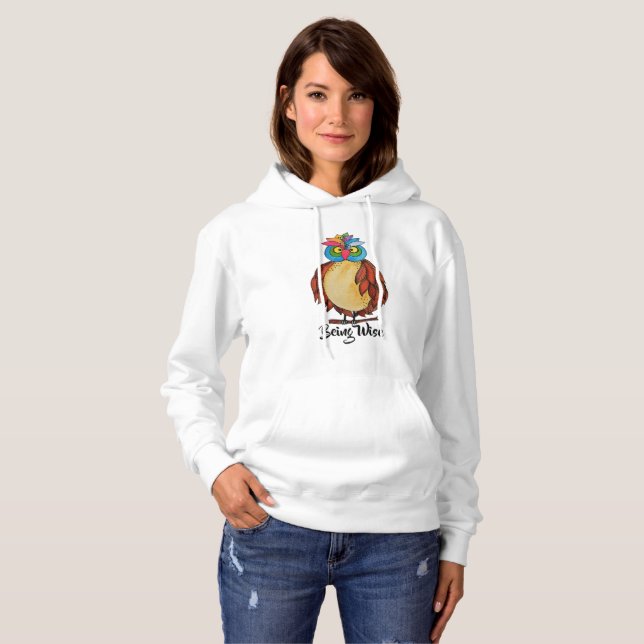 Watercolor Magical Owl With Rainbow Feathers Hoodie (Front Full)
