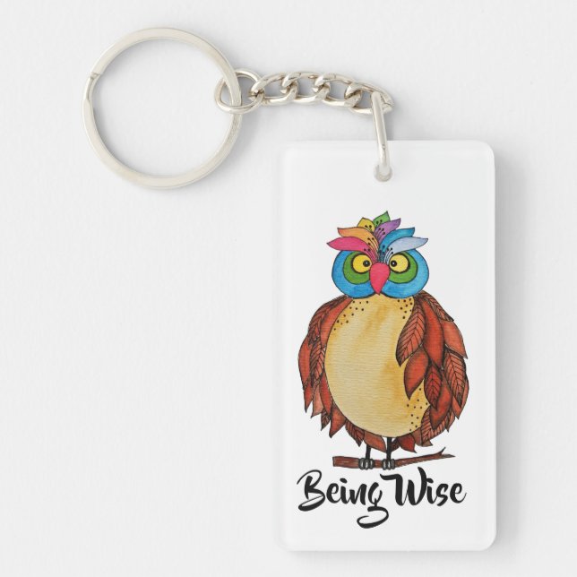 Watercolor Magical Owl With Rainbow Feathers Keychain (Front)