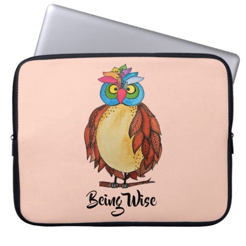 Watercolor Magical Owl With Rainbow Feathers Laptop Sleeve