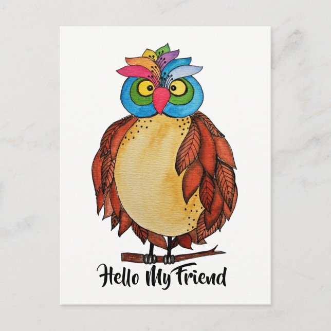 Watercolor Magical Owl With Rainbow Feathers Postcard (Front)