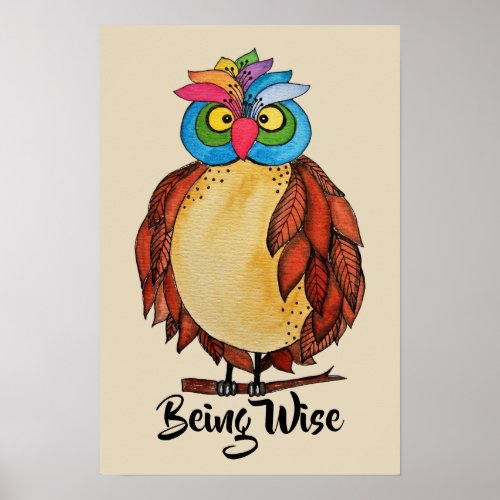 Watercolor Magical Owl With Rainbow Feathers Poster