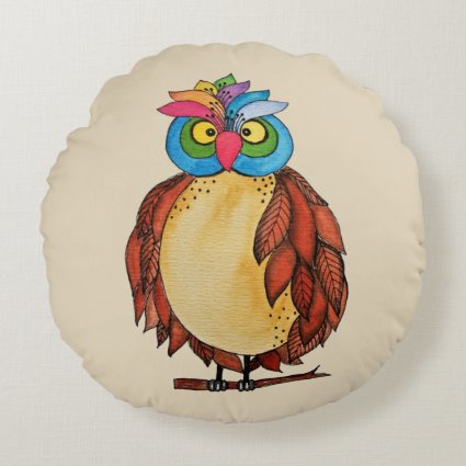Watercolor Magical Owl With Rainbow Feathers Round Pillow