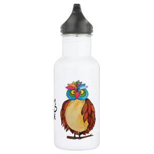 Watercolor Magical Owl With Rainbow Feathers Water Bottle