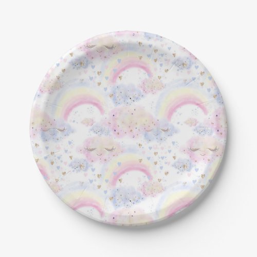 Watercolor Magical Rainbows and Clouds Glitter Paper Plates