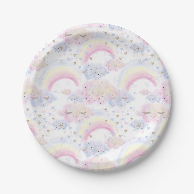 Watercolor Magical Rainbows and Clouds Glitter Paper Plates (Front)