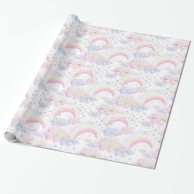 Watercolor Magical Rainbows and Clouds Glitter Wrapping Paper (Unrolled)