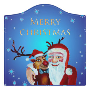 Watercolor Magical Santa Claus Smiling Rudolph Door Sign