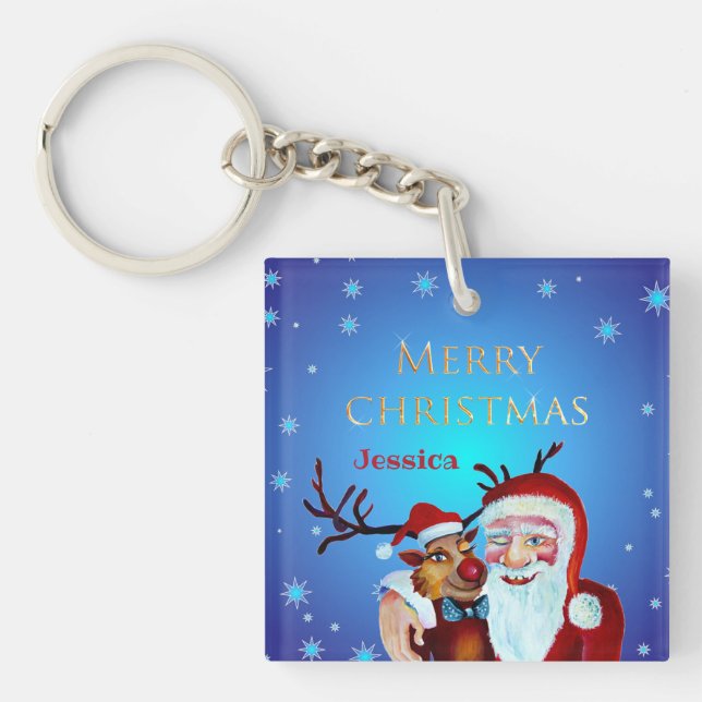 Watercolor Magical Santa Claus Smiling Rudolph Keychain (Front)