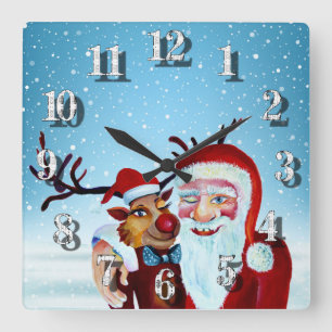 Watercolor Magical Santa Claus Smiling Rudolph Square Wall Clock