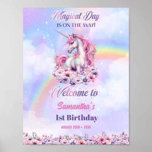 Watercolor Magical Unicorn Pastel Rainbow Birthday Poster