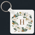 Watercolor Magnolia and Eualyptus Wreath Monogram Keychain<br><div class="desc">Elegant and rustic botanical monogram keychain. It features watercolor wreath of white magnolia,  eucalyptus leaves and greenery. Personalize by adding a monogram,  name,  address and number. This boho magnolia floral wreath keychain will be perfect as a personalized gift.</div>