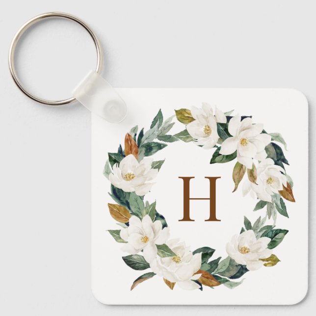 Watercolor Magnolia and Eualyptus Wreath Monogram Keychain (Front)