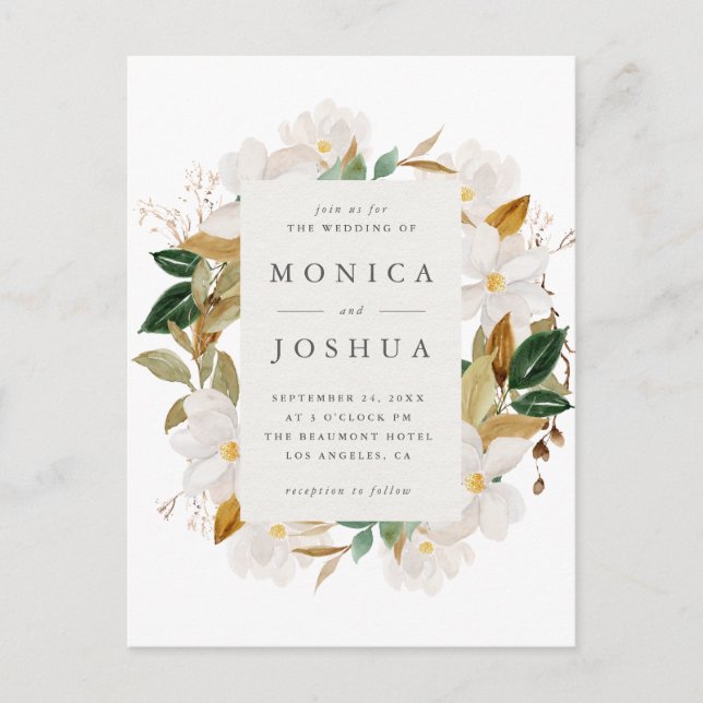 Watercolor Magnolia Blooms & Greenery Wedding Invitation Postcard (Front)
