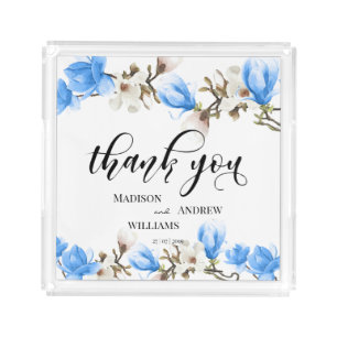 Watercolor Magnolia Blossom Calligraphy Thank You Acrylic Tray