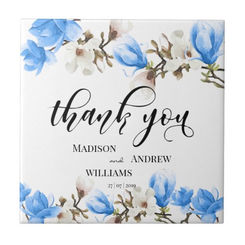 Watercolor Magnolia Blossom Calligraphy Thank You Ceramic Tile