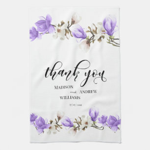 Watercolor Magnolia Blossom Calligraphy Thank You Kitchen Towel