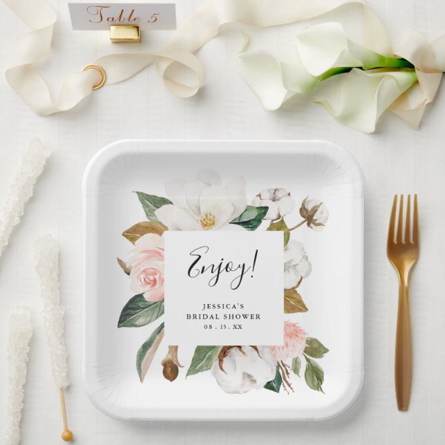 Watercolor Magnolia & Blush Bridal Shower Paper Plates (Wedding)