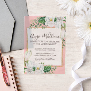 Watercolor Magnolia Blush Wedding Vellum Invitations