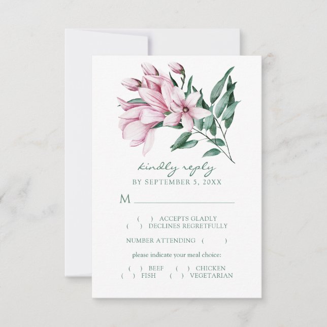 Watercolor Magnolia Bouquet Wedding Meal Choice RSVP Card (Front)