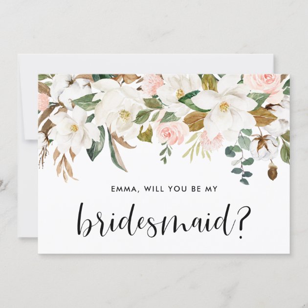 Bridal Party Proposal Instant Download Watercolor Magnolias and Cotton Floral Garland Template Printable Will You Be My Bridesmaid Card