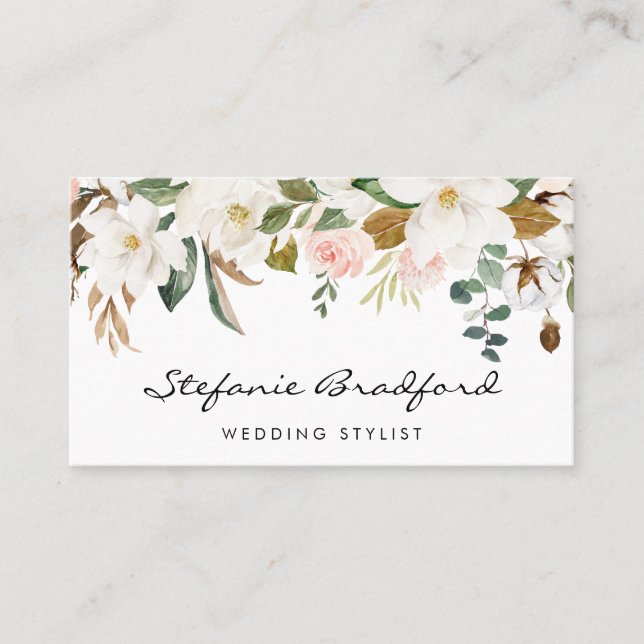 Watercolor Magnolia Cotton Garland Business Card (Front)