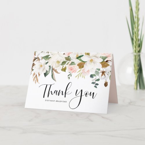 Watercolor Magnolia Cotton Garland Wedding Thank You Card