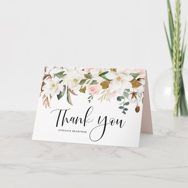 Watercolor Magnolia Cotton Garland Wedding Thank You Card (Front)