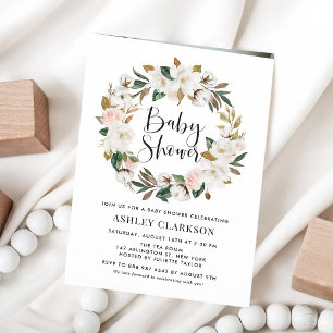 Watercolor Magnolia Cotton Wreath Baby Shower Invitation